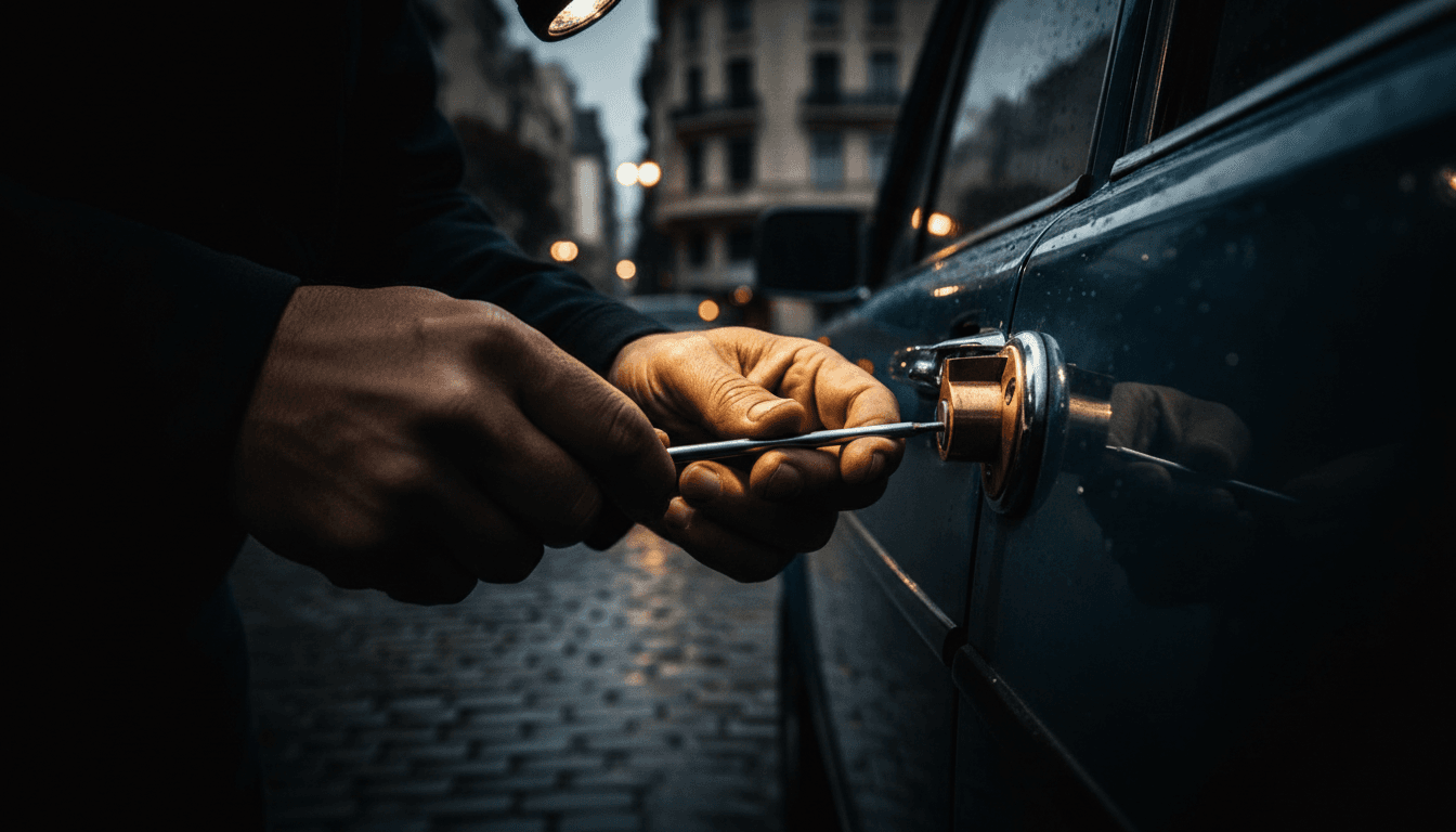 Locksmith hands working with a precision tool on a car door lock in low light