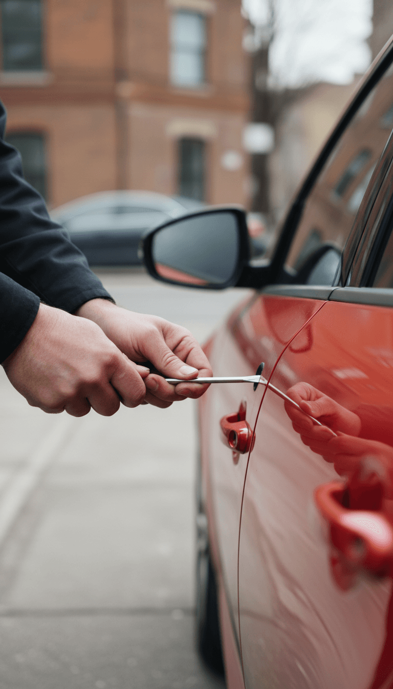 Manos de cerrajero trabajando con herramienta de precisión en puerta de auto rojo