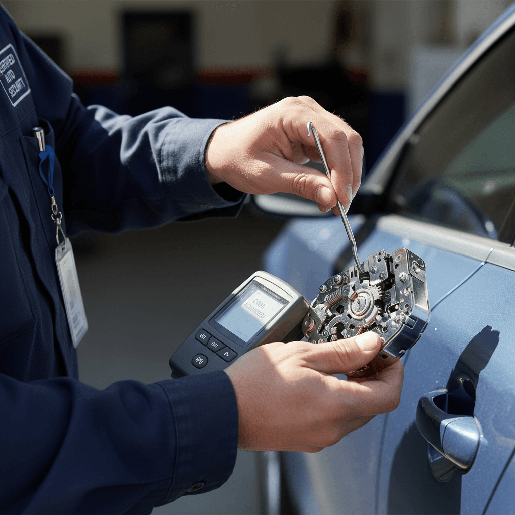 Cerrajero automotriz entregando una llave codificada junto a un auto en Buenos Aires