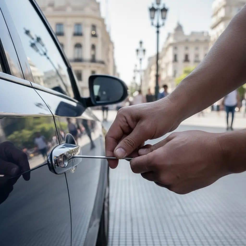 Manos forzando la cerradura de un coche negro con una herramienta metálica en la ciudad.