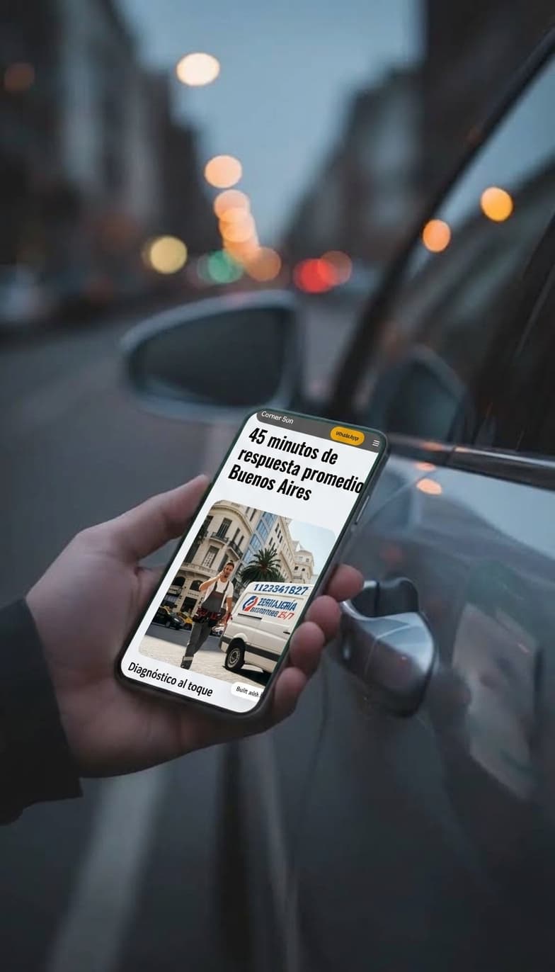 Mano sosteniendo celular con anuncio de cerrajería en Buenos Aires frente a un auto estacionado.