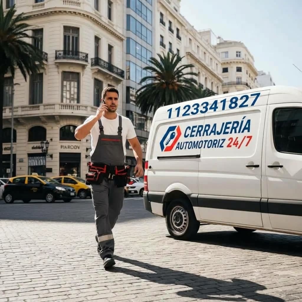 Cerrajero profesional hablando por teléfono junto a su camioneta de servicio en la ciudad.
